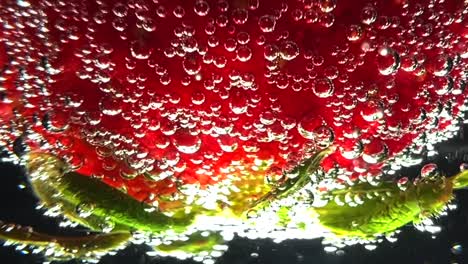 Fresh,-ripe-strawberry-in-soda-water-or-a-clear-carbonated-drink-with-the-bubbles-fizzing-all-around-it---macro-view