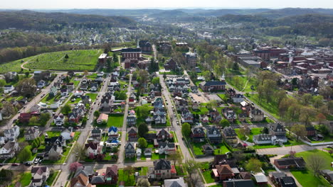 High-aerial-of-city-in-Appalachian-Mountains-on-sunny-day