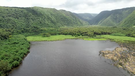 Luftaufnahme-über-Dem-Malerischen-Pololu-Valley-Stream-Auf-Big-Island-Hawaii-Mit-Grüner-Berglandschaft