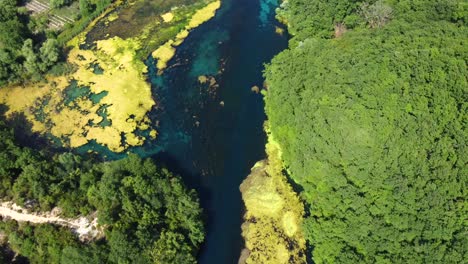 Drone-shot-of-the-Blue-Eye-in-Albania---drone-is-following-the-river-flow,-showing-its-beautiful-color-and-the-clear-water