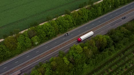 Drone-ascending-a-tilting-showing-cars-on-the-A2-dual-carriage-way-in-Canterbury