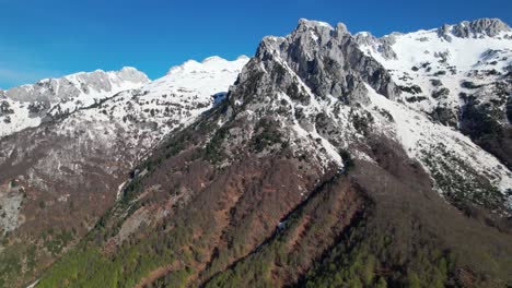 Mountain-peaks-covered-in-white-snow,-sunny-day-with-blue-sky-in-Albanian-Alps