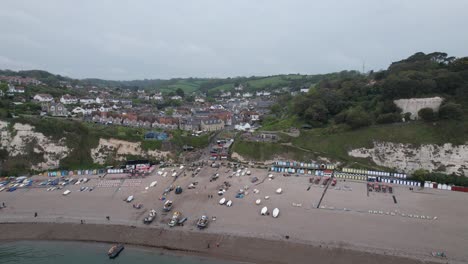 Beer-fishing-village-and-beach-Devon-England-rising-drone-aerial-view