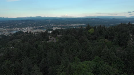 Pull-back-drone-shot-above-the-trees---wide-view-of-Mount-Hood-from-Oregon