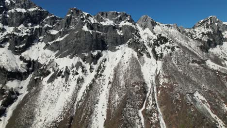Mountain-rocky-peaks-covered-in-snow,-beautiful-Albanian-Alps-in-Spring