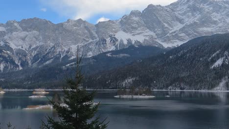 Panoramic-view-of-Eibsee-lake-in-Bavaria,-Germany,-scenic-rocky-mountain-landscape-and-unpolluted-natural-environment