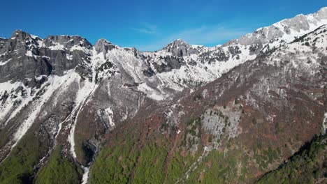 Bergketten-Der-Albanischen-Alpen,-Die-An-Einem-Sonnigen-Frühlingstag-Unter-Dem-Blauen-Himmel-Mit-Schnee-Bedeckt-Sind