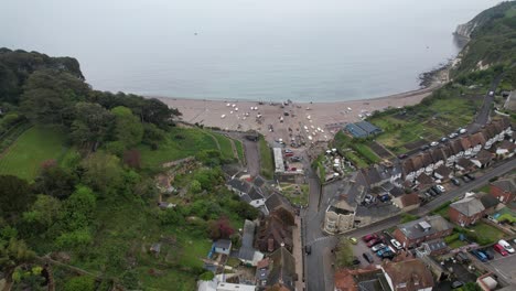 Beer-fishing-village-and-beach-Devon-England-high-drone-aerial-view