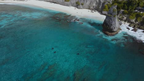 Mantarays-swimming-in-shallow-blue-water-near-coast-Diamond-Beach-on-Nusa-Penida,-aerial