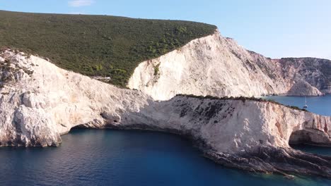 White-Cliffs-and-Porto-Katsiki-Beach-at-Lefkada-Island,-Greece---Aerial-Reveal