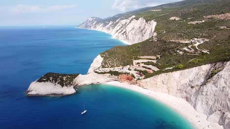 Porto-Katsiki-Beach-at-Ionian-Lefkada-Island,-Greece---Reversing-Aerial