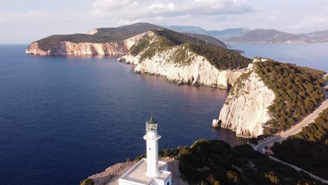 Lighthouse-Doukato-and-Rocky-Coastline-at-Lefkada-Island,-Greece---Aerial