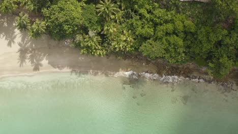 Hochfliegende-Bilder-Eines-Strandes-Und-Der-Brandung-Der-Wellen-Auf-Dem-Weißen-Sand-Mit-Palmen-In-Puerto-Rico