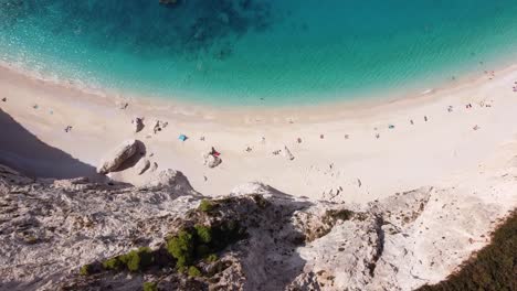White-Cliffs-and-Porto-Katsiki-Beach-at-Lefkada-Island,-Greece---Overhead-Shot