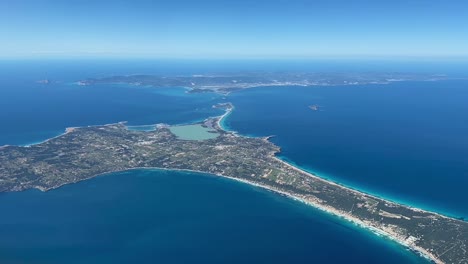 Aerial-view-of-Formentera-island-an-Ibiza,-Balearic-islands,-Spain-in-a-spring-moorning