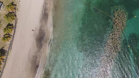 Vista-Aérea-Sobre-Una-Tranquila-Playa-Paradisíaca-Y-Agua-Transparente-En-Saint-Kitts---Sobrecarga,-Tiro-De-Drones