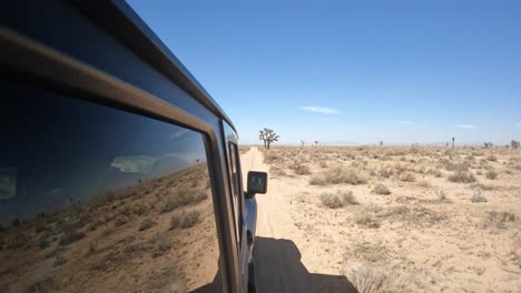 Driving-along-an-off-road-trail-in-the-Mojave-Desert-beside-Joshua-trees---view-from-the-side-of-the-vehicle