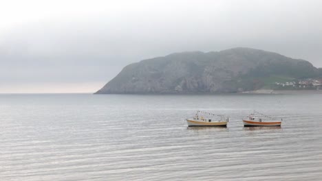 Pair-of-tourist-boats-waiting-offshore-under-misty-Welsh-island-coastline