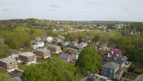 Drone-View-of-Newton,-Massachusetts.-Pedestal-Down