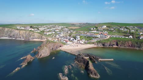 Hope-cove-small-seaside-village-Devon-UK-panning-drone-aerial-view