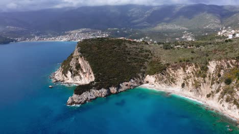 Wide-angle-establishing-drone-shot-Filikuri-beach-coast-of-Albania