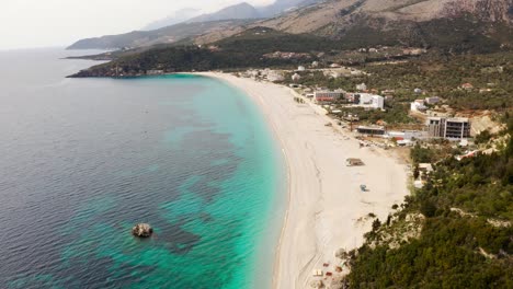 Drone-shot-of-Livadi-beach-in-Albania-on-summer-day