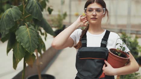 Young-woman-in-work-uniform-goes-to-the-greenhouse-with-a-potted-plant