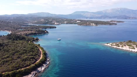 Luxury-Yacht-Sails-at-Meganisi-Islands-near-Nidri,-Lefkada,-Greece---Aerial