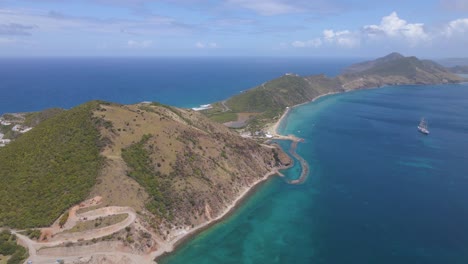 Aerial-view-of-the-narrows-connecting-Saint-Kitts-and-Nevis---rising,-drone-shot
