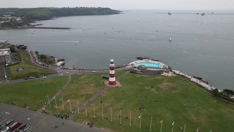 Smeaton's-Tower,-lighthouse-Plymouth-Devon-drone-aerial-view-2022