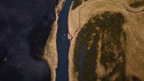 Aerial-view-of-a-river-flowing-between-Iceland-highlands-and-volcanic-black-sand