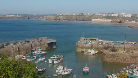 Newquay-Harbour-With-Moored-Boats-In-Summer-Viewed-From-A-Higher-Ground