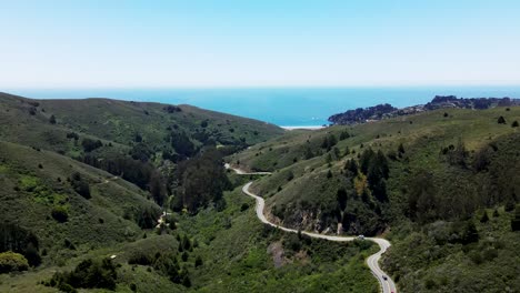 Scenic-Tamalpais-Valley-Mountains-and-curvy-Shoreline-highway-with-Muir-beach-in-the-background