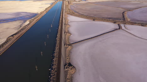 Cinematic-drone-shot-of-Pink-Salt-Lake-and-blue-canal,-till-up-revealing-railroad-causeway-near-Salt-Lake-City,-Utah