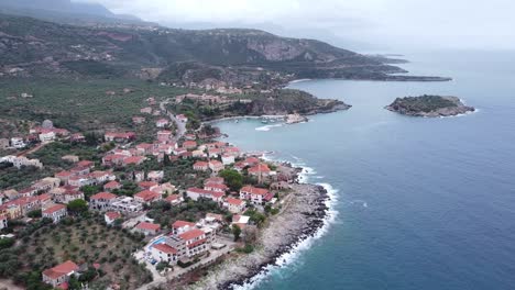 Seaside-Town-Kardamyli-at-Messenia,-Mani,-Peloponnese,-Greece---Aerial-Forward