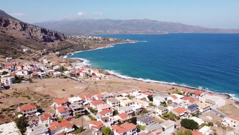 Scenic-Coastal-Road-and-Gefira-Town-at-Lakonia,-Peloponnese,-Greece---Aerial