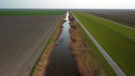 Straße-Und-Fluss-Im-Ländlichen-Ackerland-Und-Schafe-Auf-Der-Grünen-Weide
