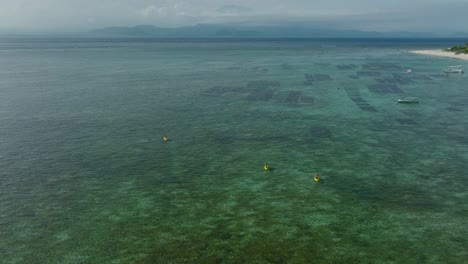 Kayakers-on-trip-paddling-through-shallow-clear-sea-water-near-shore-of-tropical-island,-aerial