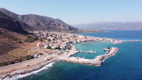Harbor-of-Seaside-Town-Gefira-at-Lakonia,-Peloponnese,-Greece---Aerial