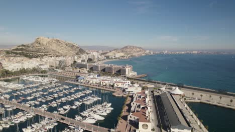 Yachts-moored-in-marina-of-Alicante-historic-port-city,-Costa-Blanca
