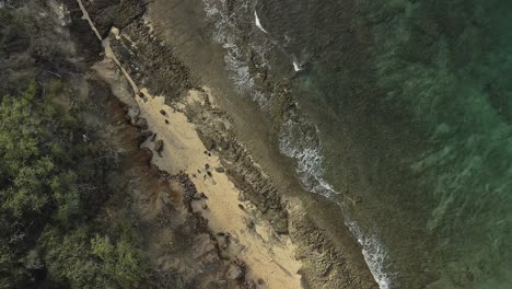 Overhead-view-of-rocky-Hawaiian-beach-with-downward-spiral