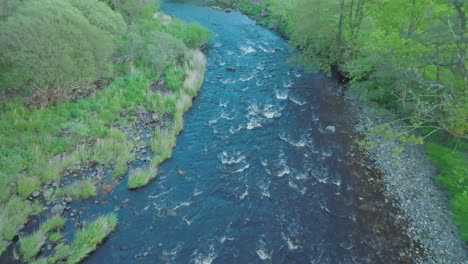 Aerial-Flyover-With-Downwards-Tilt-Over-Fast-Moving-River,-Scotland,-UK