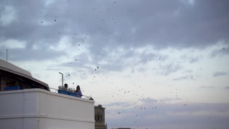 Two-people-on-balcony-watching-black-birds-flying-against-cloudy-sky