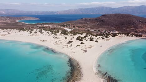 Turquoise-Blue-Bays-and-White-Sandy-Beach-at-Elafonisos,-Peloponnese,-Greece---Aerial