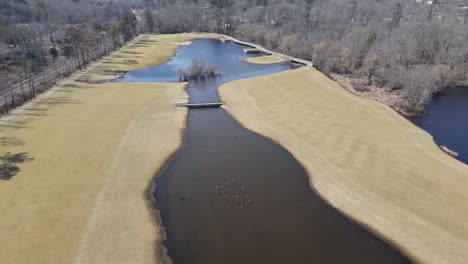 Drone-pullback-over-a-golf-course-at-the-end-of-winter-showing-wildlife,-grass-and-surrounding-foliage