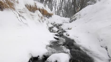 A-small-stream-of-water-flowing-through-a-snowy-forest
