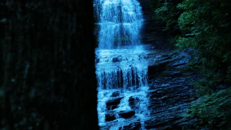 Waterfall-reveal-from-tree-in-the-mountains-of-North-Carolina-near-the-Great-Smokey-Mountains
