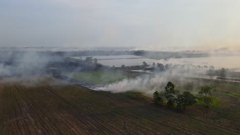 Steady-aerial-footage-from-a-higher-altitude-revealing-a-farmland-burning-and-some-parts-already-charred-in-Pak-Pli,-Nakhon-Nayok,-Thailand