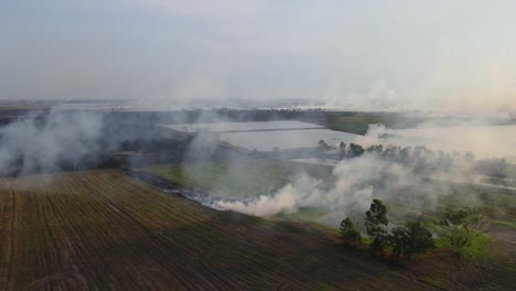 Aerial-footage-ascending-revealing-a-burning-farmland-prepared-for-farming-in-Pak-Pli,-Nakhon-Nayok,-Thailand