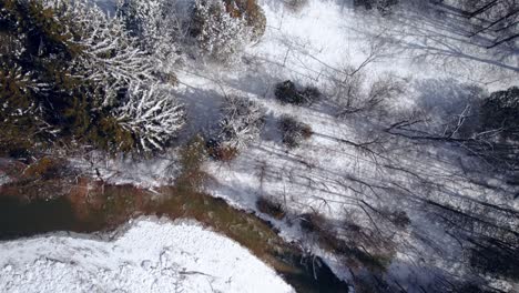 Verschneite-Winterlandschaft-An-Einem-Sonnigen-Tag-Mit-Fließendem-Fluss-Und-Schneebedeckten-Bäumen-Von-Oben-Nach-Unten